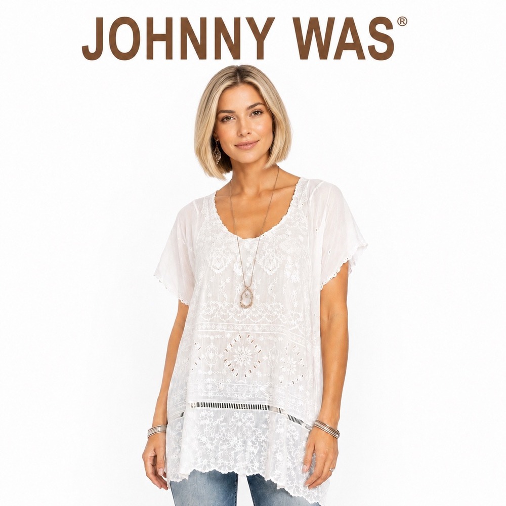 Johnny Was White Embroidered‎ Eyelet Tunic Top C24919-5